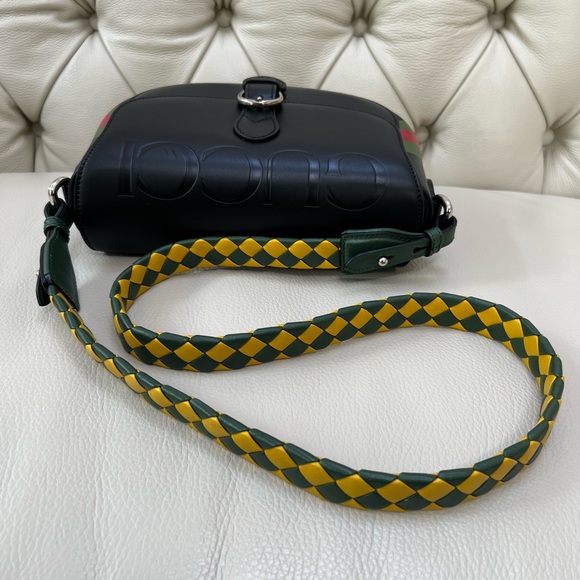 New Gucci Crossbody Embossed Black Leather Braided Yellow Bag Logo - Picture 8 of 11